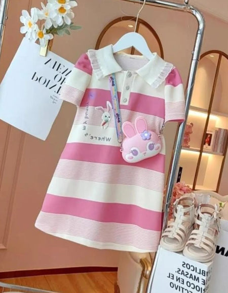 Toddler Girls' Two Tone Striped Half Button Polo Dress with Bag