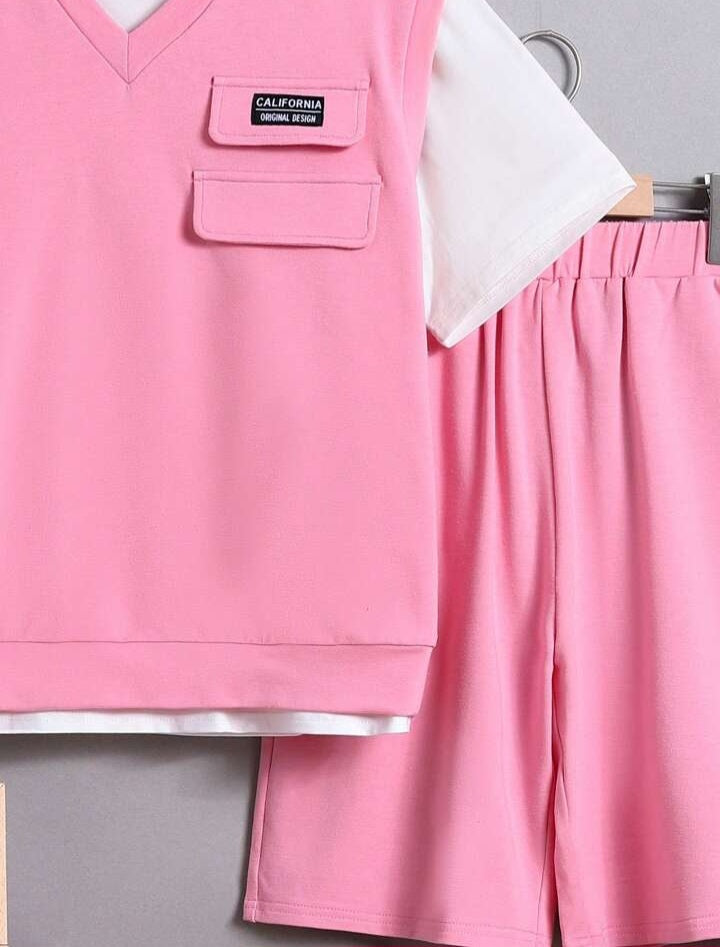 Unisex 2piece Loose Fit Solid Color Short Sleeve T-Shirt, Vest & Shorts.