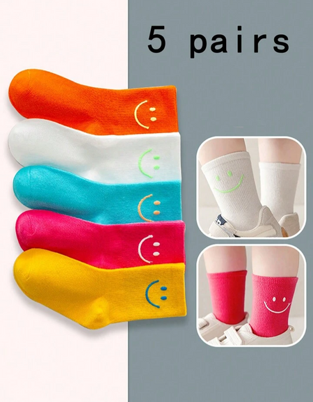 5pairs Kids Smiley Face Crew Socks Set