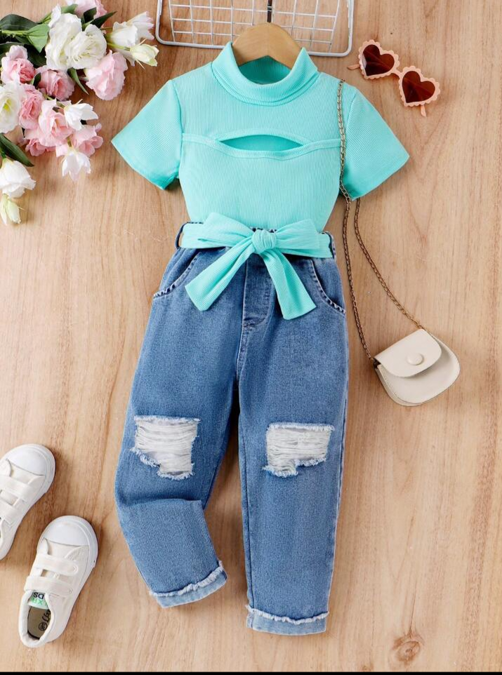 Girls' High Neck Top and Distressed Denim Pant Set