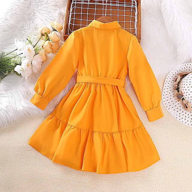 Girls' Solid Collar Long Sleeve Ruffle Hem Belted Shirt Dress.