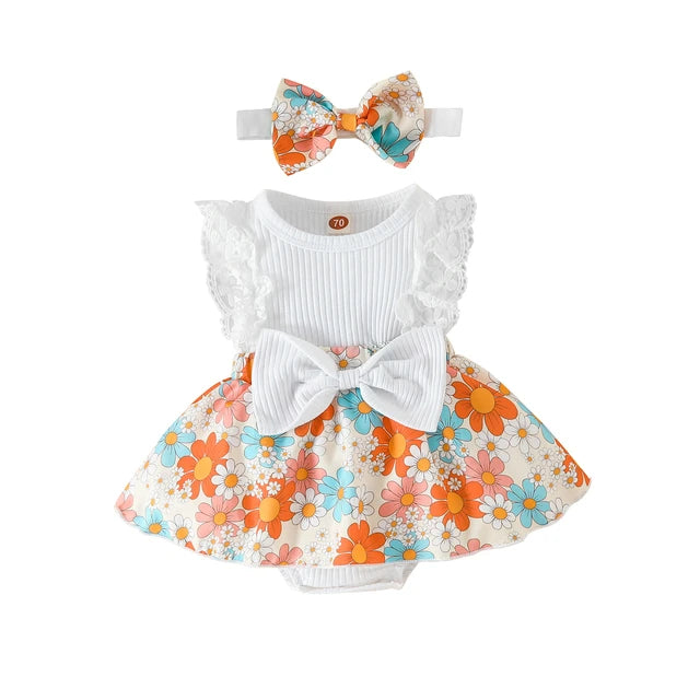 Princess Flower Print Romper Dress With Headband.