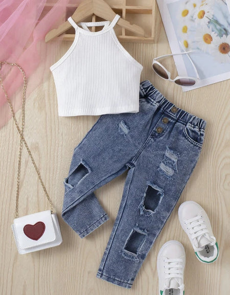Toddler Girls' Halter Neck Top And Ripped Denim Set.