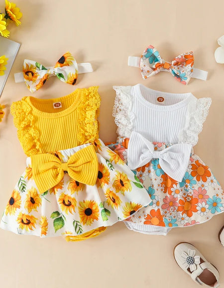 Princess Flower Print Romper Dress With Headband.