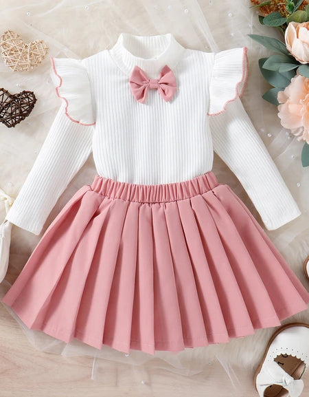 Girls Pleated Skater Skirt and Bow Detail Longsleeve Top