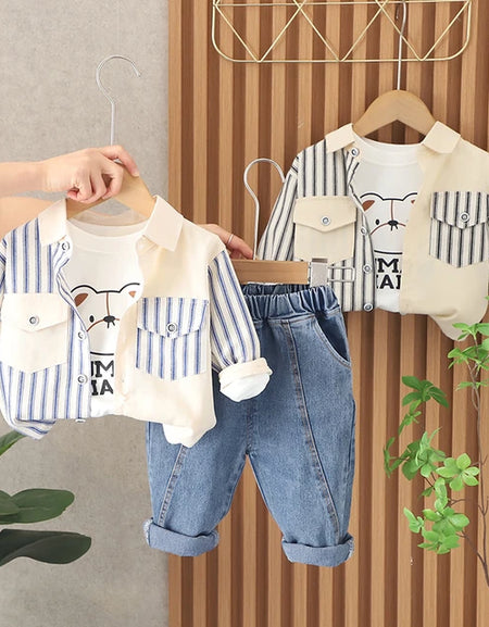 Boys Striped Overlay Shirt, Bear T-shirt &Denim Pant Set
