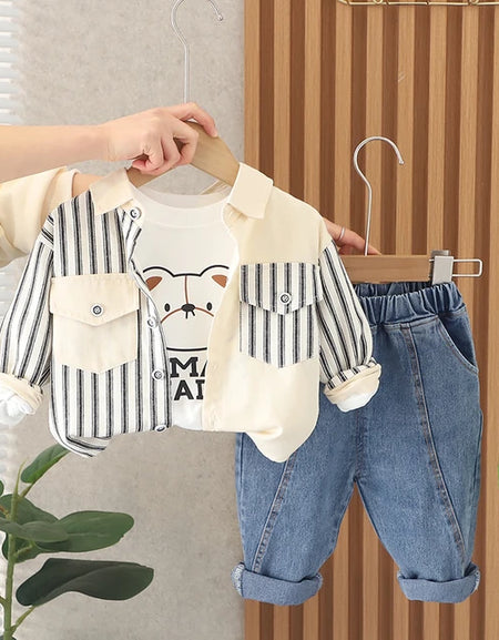 Boys Striped Overlay Shirt, Bear T-shirt &Denim Pant Set