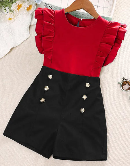 FRILL SLEEVE TOP & BUTTON DETAIL SHORTS SET