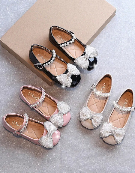 Sweet Bowknot Pearl Velcro Glossy Shoe