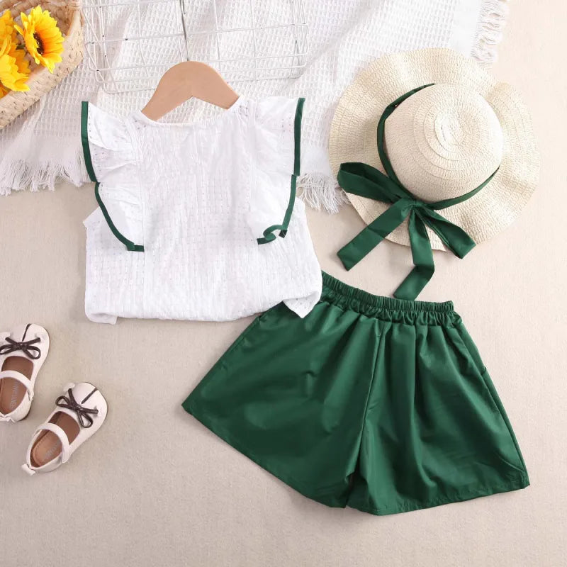 3Pc Patchwork Frill Sleeve Top, Solid Color Shorts & Hat Set.