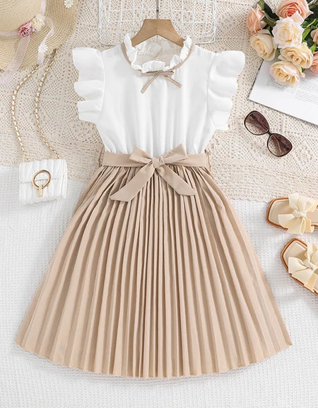 Dual Color Frill Sleeve Ruffle Neck Pleated Dress