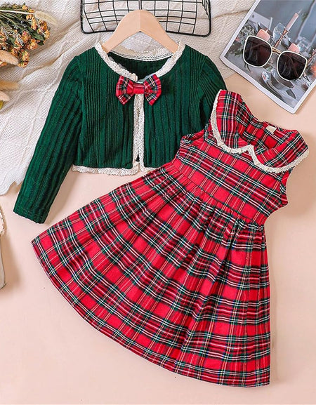 2Piece Knitted Jacket and Plaid Dress Set