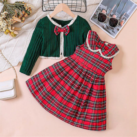 2Piece Knitted Jacket and Plaid Dress Set