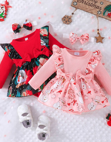 Cute Double Bow Print Romper Dress& Headband Set