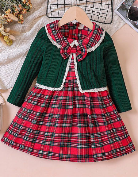 2Piece Knitted Jacket and Plaid Dress Set