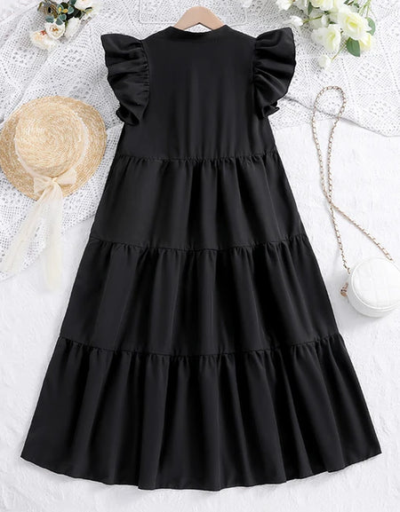 V-Neck Frill Sleeve Patchwork Dress
