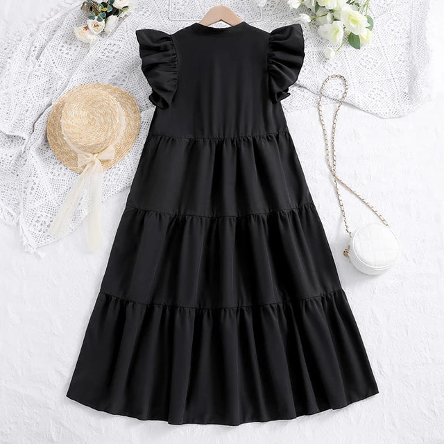 V-Neck Frill Sleeve Patchwork Dress