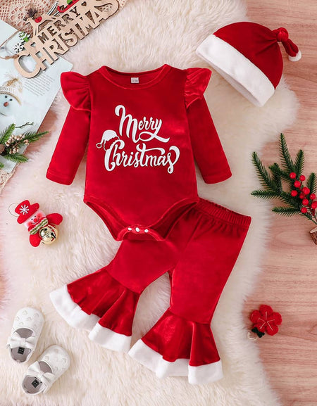 Merry Christmas Velvet Frill Sleeve Romper Top, Flare Pants& Santa Hat Set