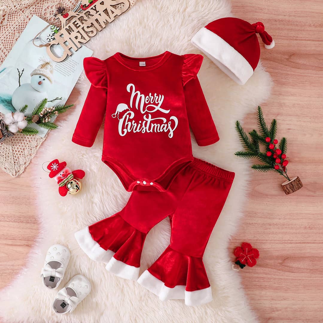 Merry Christmas Velvet Frill Sleeve Romper Top, Flare Pants& Santa Hat Set