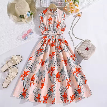 Sleeveless Floral Print Rib Cut-out Dress