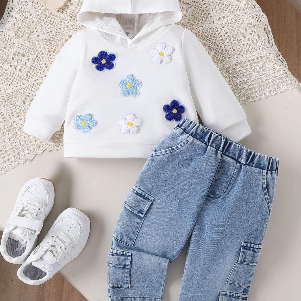 3D Flower Hoodie & Cargo Denim Set