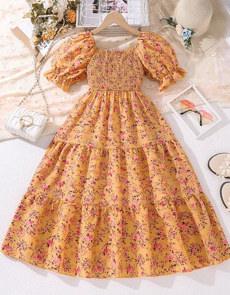 Smokey Shirred Bodice Bohemian Style Dress