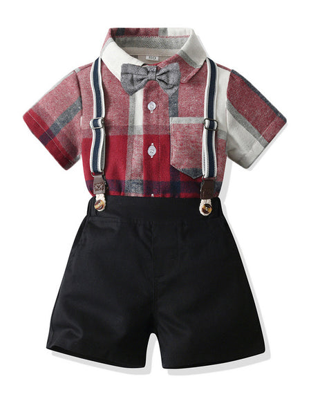 Classic Plaid Collar Shirt& Chinos Short 4piece Ensemble