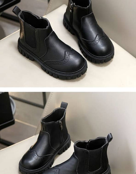 Kids Classic Black Faux Leather Brogue Chelsea Boots