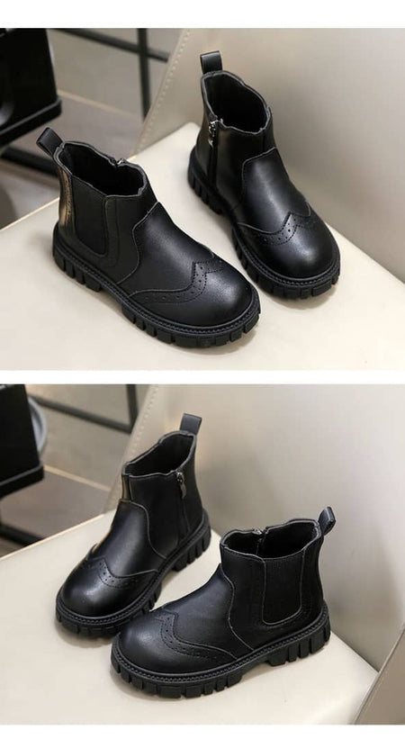 Kids Classic Black Faux Leather Brogue Chelsea Boots