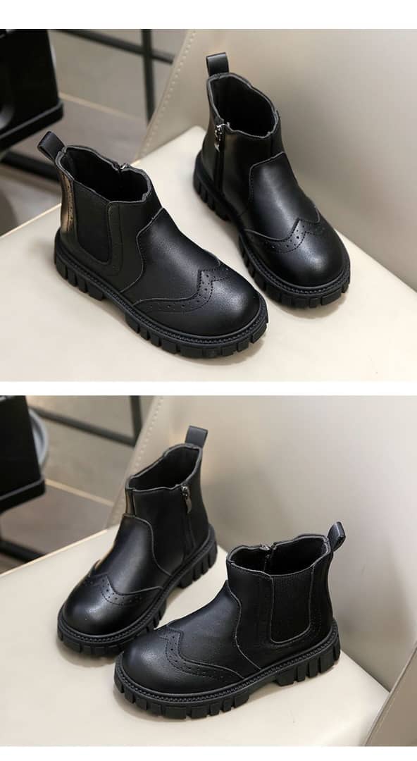 Kids Classic Black Faux Leather Brogue Chelsea Boots