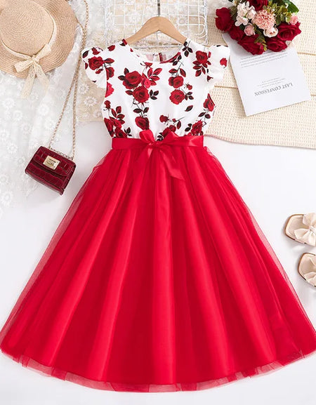 Floral Print Frill Sleeve Tulle Dress