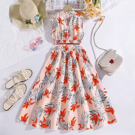 Sleeveless Floral Print Rib Cut-out Dress