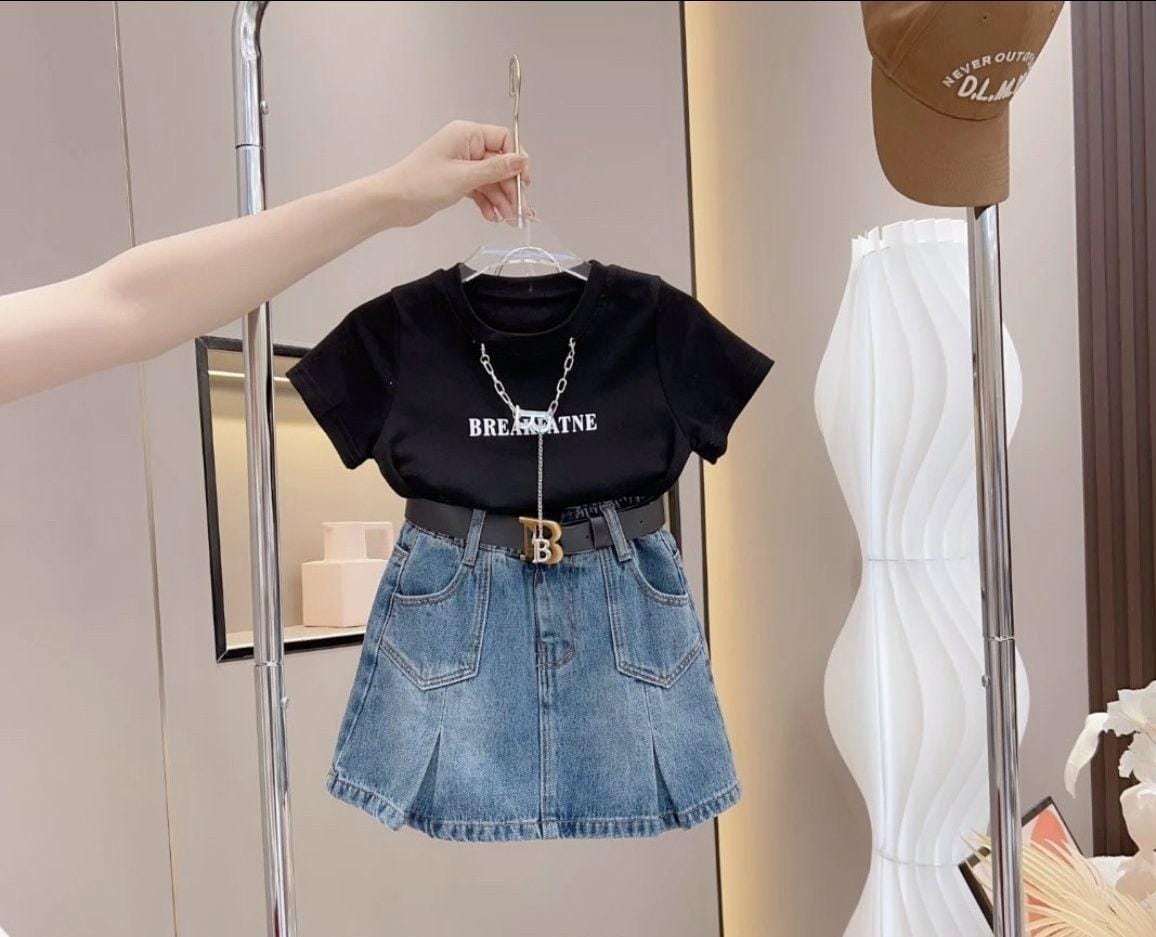 Girls Breaktime Black Tee & Denim Skirt Set