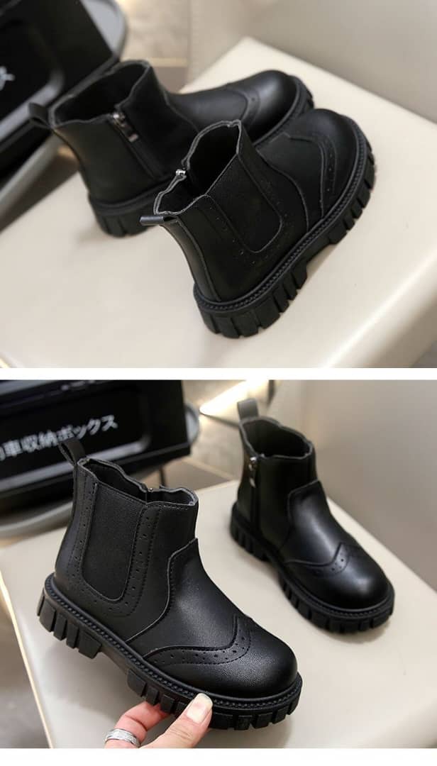 Kids Classic Black Faux Leather Brogue Chelsea Boots