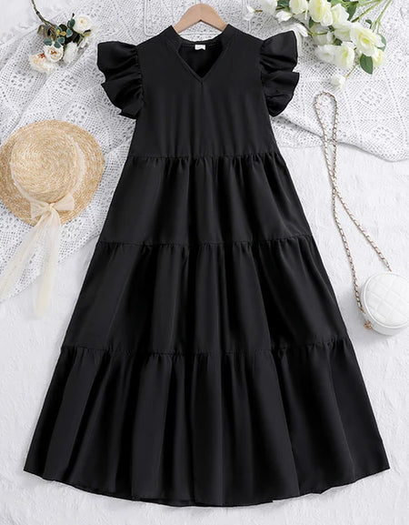 V-Neck Frill Sleeve Patchwork Dress