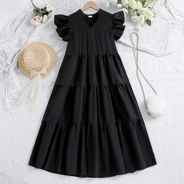 V-Neck Frill Sleeve Patchwork Dress