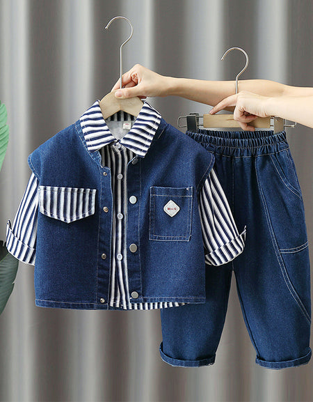 Cool Striped Shirt, Denim Vest& Pant Set