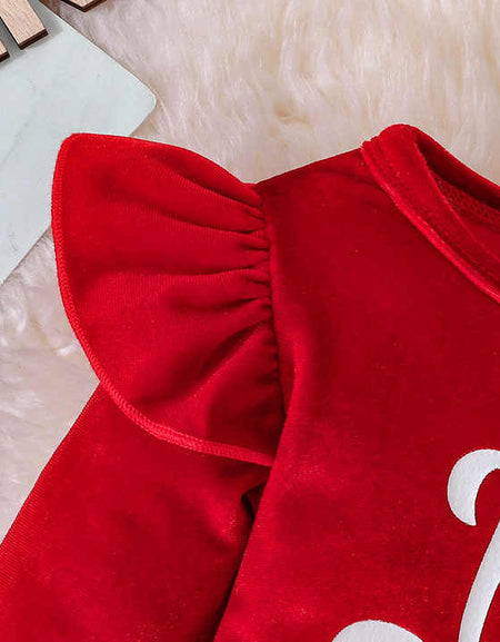 Merry Christmas Velvet Frill Sleeve Romper Top, Flare Pants& Santa Hat Set