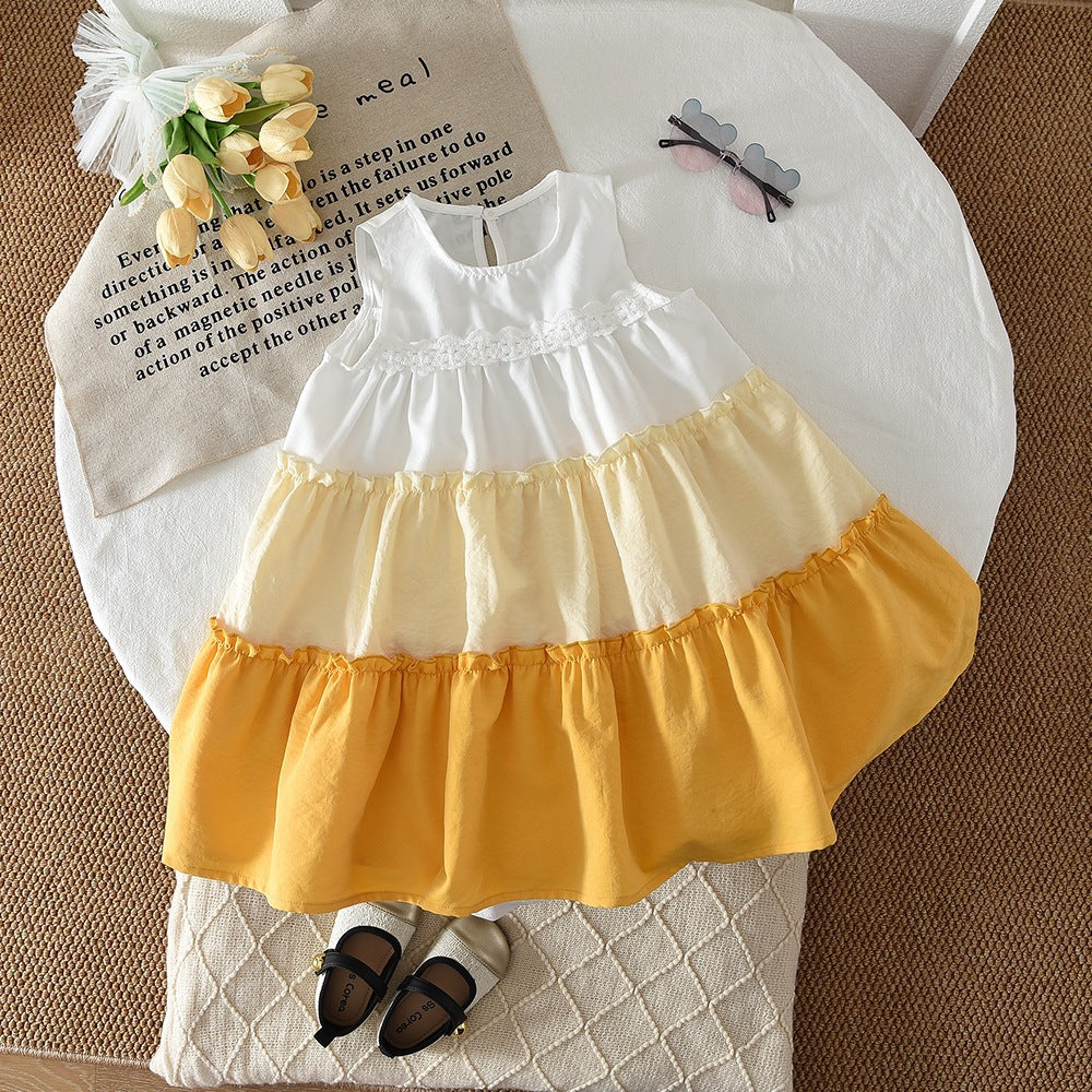 Sunbeam Tiered Cotton Dress – White, Cream & Mustard