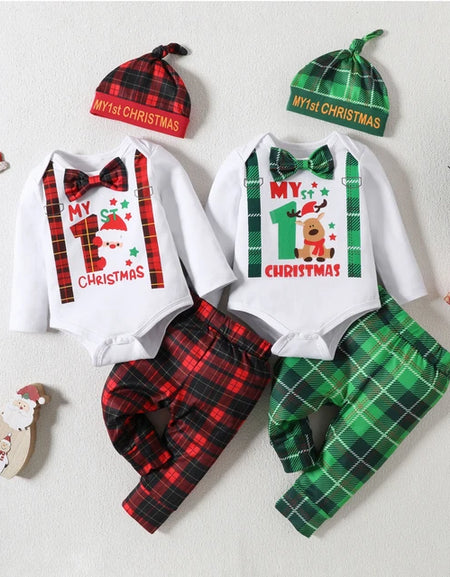 Dapper First Christmas Romper Top, Plaid Pant& Cap Set