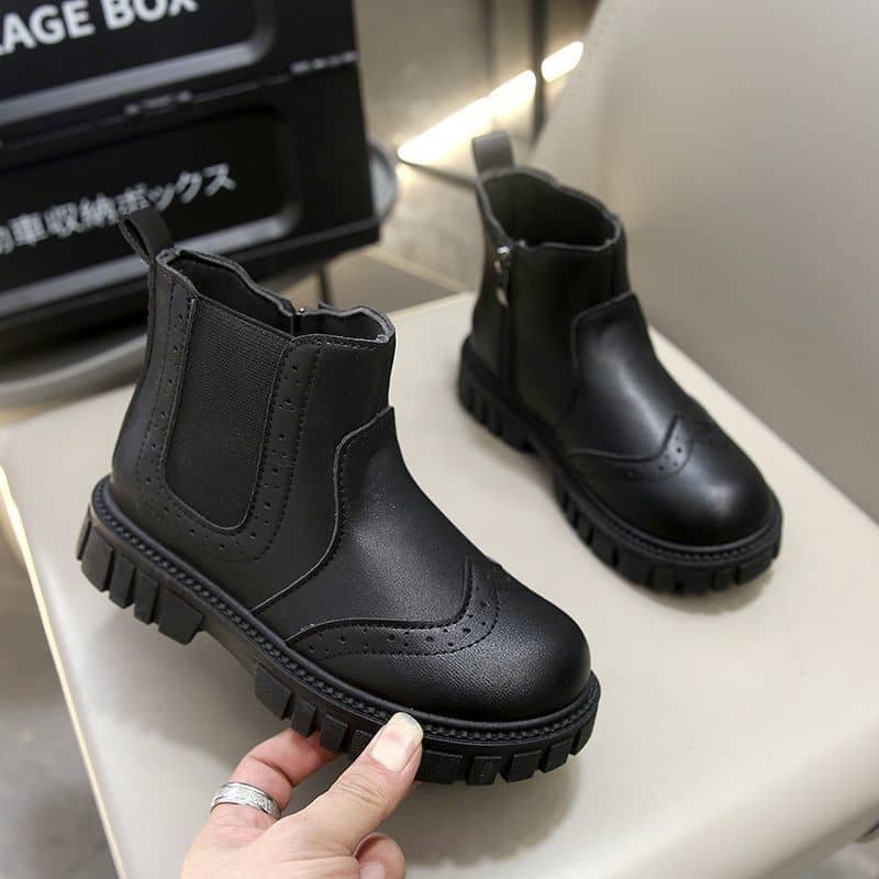 Kids Classic Black Faux Leather Brogue Chelsea Boots
