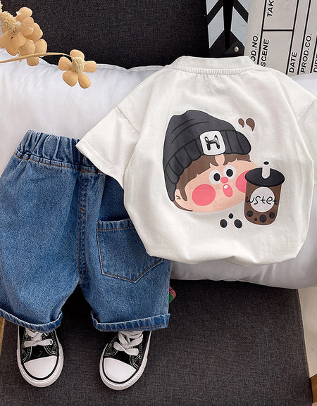 Boys Cartoon Print Tee and Distressed Denim Short Set