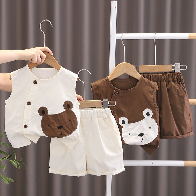 Bear Patch Sleeveless Vest & Shorts Set