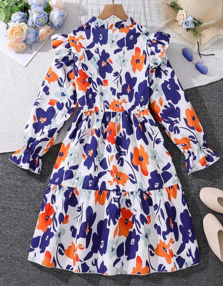 Floral Print Frill Sleeve Shirred Dress