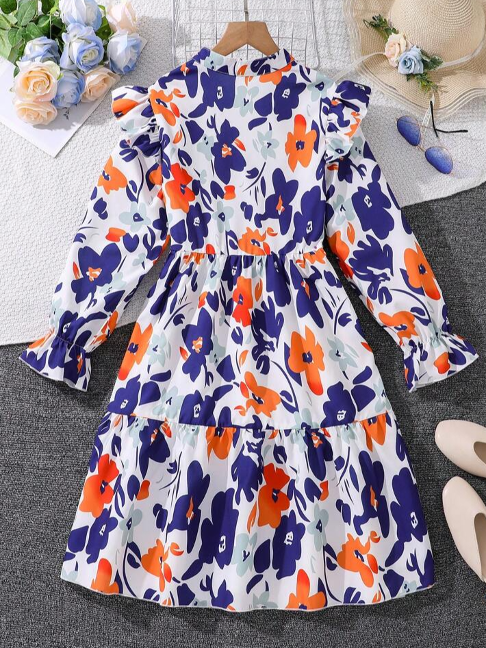 Floral Print Frill Sleeve Shirred Dress