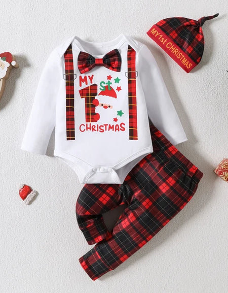 Dapper First Christmas Romper Top, Plaid Pant& Cap Set