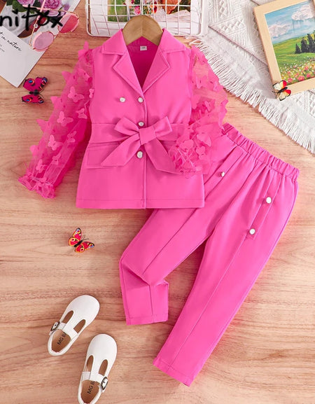 Belted Mesh Butterfly Sleeve Blazer and Button Detail Pant Set