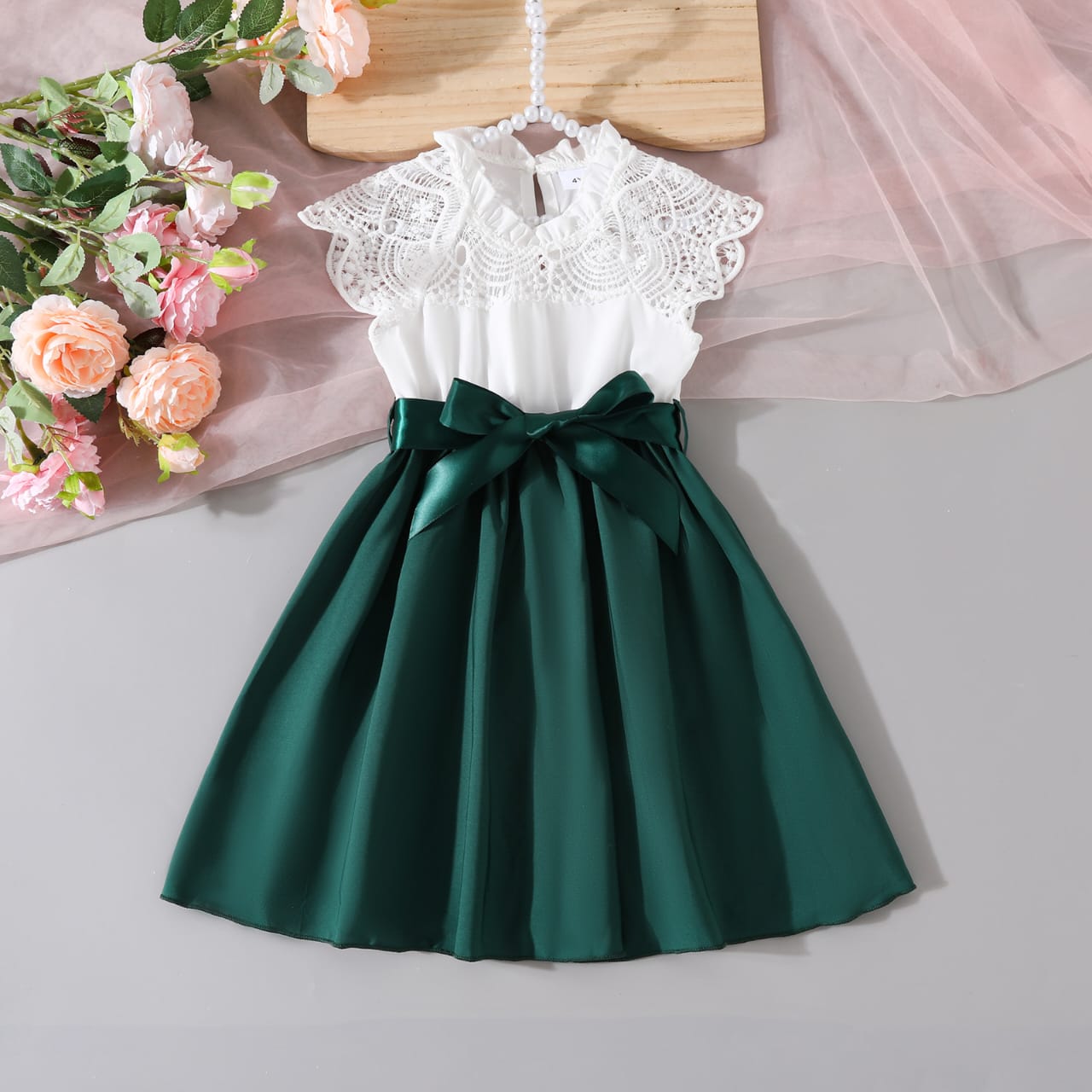 Girls’ Lace Bodice Cap-Sleeve Dress with Satin Bow Accent