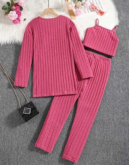 Self-striped Knitted Jacket, Cami Top and Pant 3Piece Set