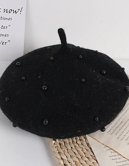Pearl Studded Wool Beret